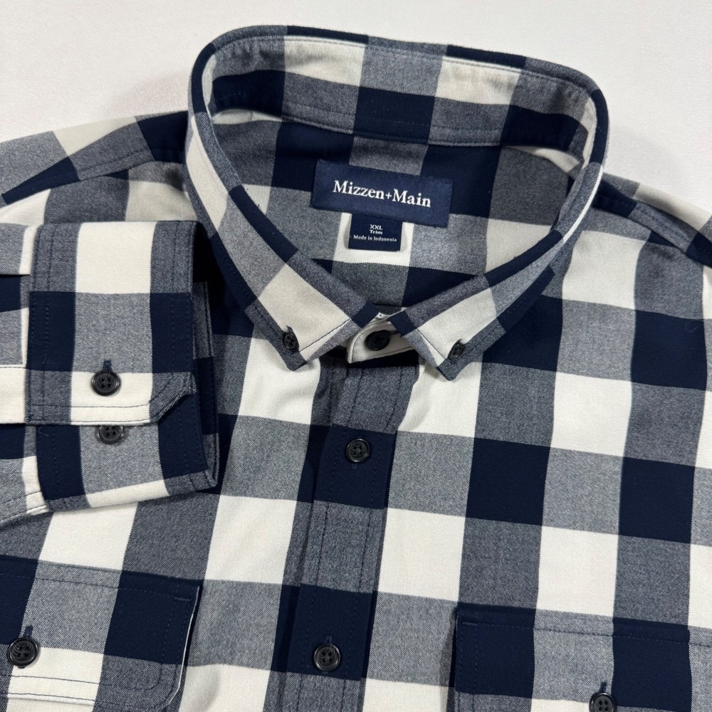 Mizzen+Main XXL Trim Fit Plaid Button Down‎ Long Sleeve Shirt Blue White Mens